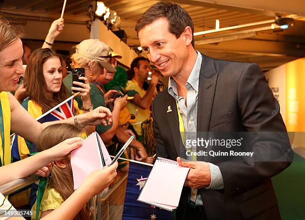 Media personality Rove McManus arrives at the Australian Olympic Committee 2012 Olympic Games team flag bearer announcement at the Stratford...
