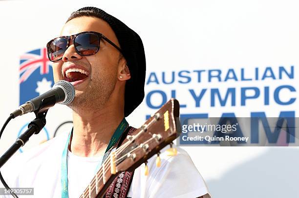 Guy Sebastian performs on stage prior to the Australian Olympic Committee 2012 Olympic Games team flag bearer announcement at the Stratford Westfield...