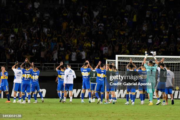 Players of Boca acknowledge their fans after losing the Copa CONMEBOL Libertadores 2023 group F match between Deportivo Pereira and Boca Juniors at...