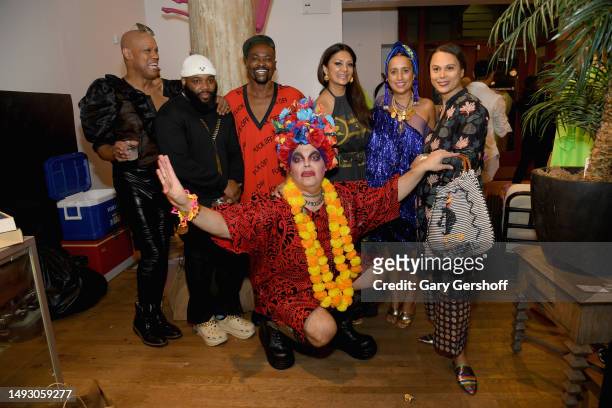 Kevin Aviance, guest, Malcolm Harris, Donna D'Cruz, Julia Clancy, Natalie Kates and Sisterface attend "Caftans & Cocktails: A Shopping Soirée to...