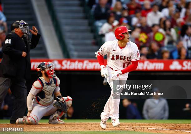 Shohei Ohtani of the Los Angeles Angels hits a home run against the Boston Red Sox in the third inning at Angel Stadium of Anaheim on May 24, 2023 in...