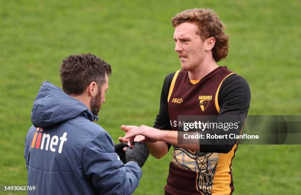 During a Hawthorn Hawks AFL training session at Waverley Park on May 25, 2023 in Melbourne, Australia.