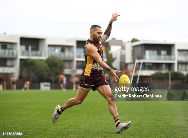 Jarman Impey of the Hawks kicks the ball during a Hawthorn Hawks AFL training session at Waverley Park on May 25, 2023 in Melbourne, Australia.