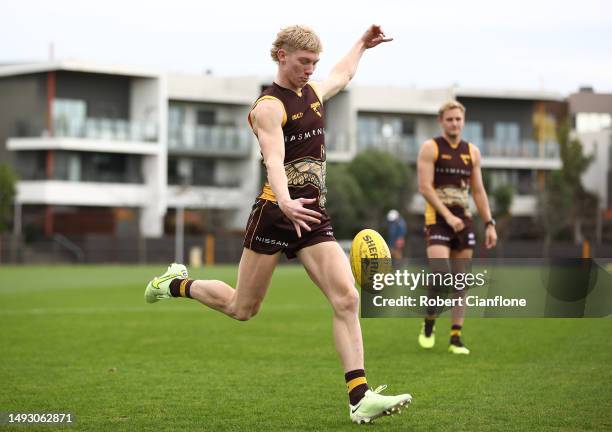 Harry Morrison of the Hawks kicks the ball during a Hawthorn Hawks AFL training session at Waverley Park on May 25, 2023 in Melbourne, Australia.