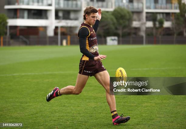 Jai Serong of the Hawks kicks the ball during a Hawthorn Hawks AFL training session at Waverley Park on May 25, 2023 in Melbourne, Australia.