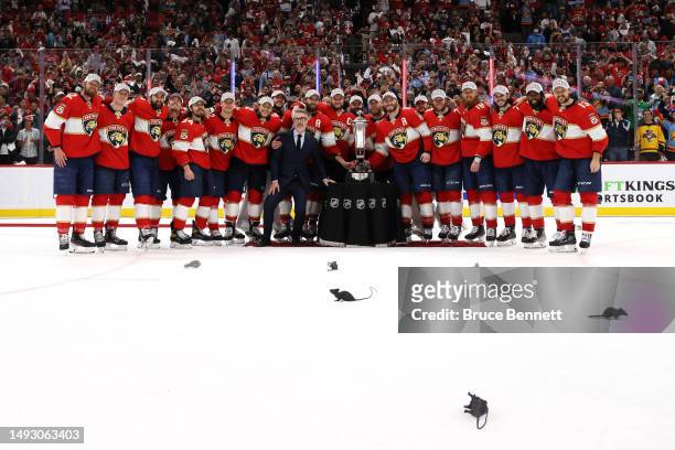 The Florida Panthers pose with NHL Senior Executive Vice President & Chief Branding Officer, Brian Jennings and the Prince of Wales Trophy after...