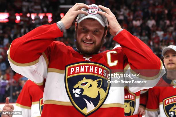 Aleksander Barkov of the Florida Panthers celebrates after defeating the Carolina Hurricanes in Game Four to win the Eastern Conference Final of the...
