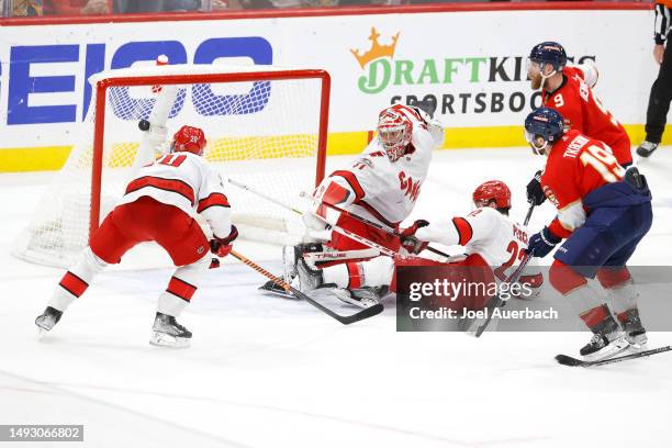 Matthew Tkachuk of the Florida Panthers scores the game winning goal on Frederik Andersen of the Carolina Hurricanes during the third period in Game...