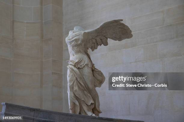 The statue of Victoire de Samothrace portrays the Greek goddess Nike on August 20 in Paris, France.