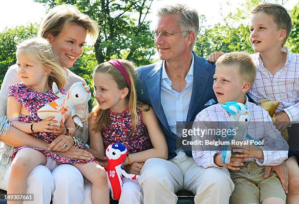 Princess Eleonore, Princess Mathilde, Princess Elisabeth, Prince Philippe, Prince Gabriel and Prince Emmanuel of Belgium pose for a photo during a...