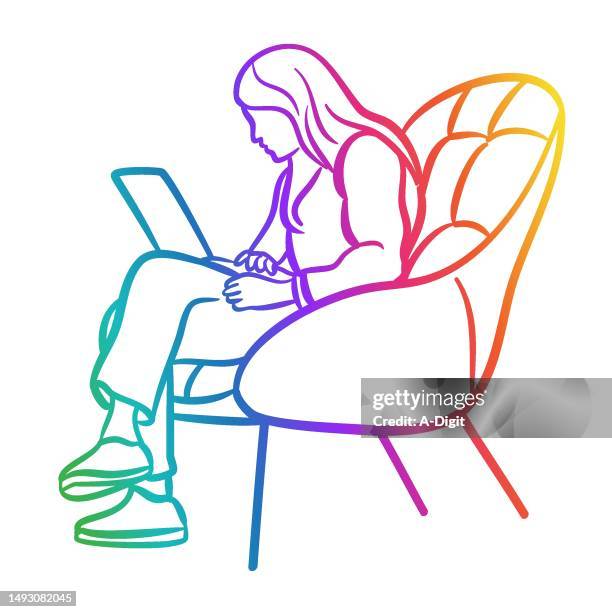 laptop fun rainbow - typing on computer at home stock illustrations