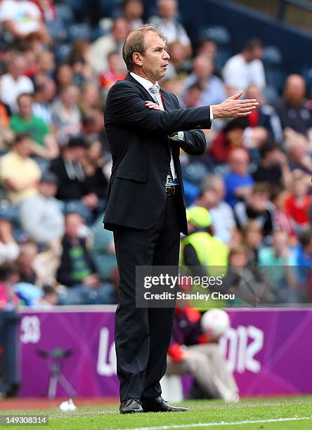 Pim Verbeek coach of Morocco reacts during the Men's Football first round Group D Match of the London 2012 Olympic Games between Honduras and Morocco...