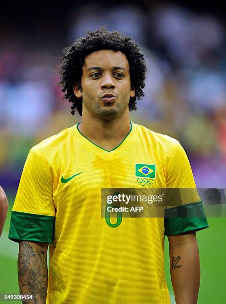 Brazil's defender Marcelo poses before the London 2012 Olympic Games men's football match between Brazil and Egypt at the Millennium Stadium in...