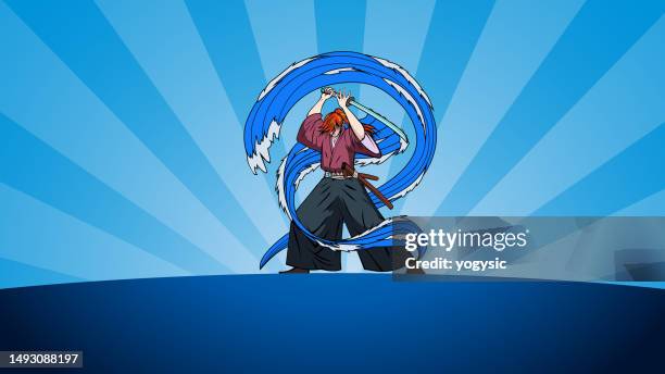 bildbanksillustrationer, clip art samt tecknat material och ikoner med vector anime samurai fighting ready stance with water form effects stock illustration - men stock illustrations