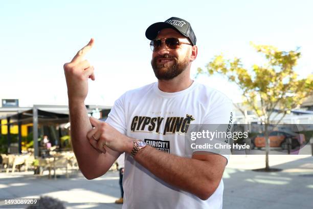 Tyson Fury speaks to the media at Brisbane Domestic Airport on May 25, 2023 in Brisbane, Australia.