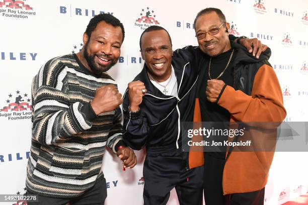 Shane Mosley, Sugar Ray Leonard, and Jack Mosley attend the Sugar Ray Leonard Foundation "Big Fighters, Big Cause" Charity Boxing Night at The...