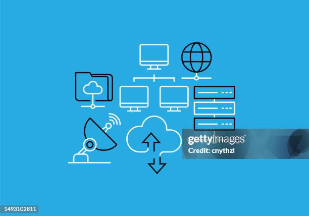 network technology related line banner design. computer, database, server, file sharing, cloud computing. - machine learning data science stock illustrations
