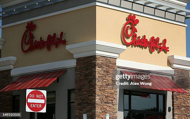 The signs of a Chick-fil-A are seen July 26, 2012 in Springfield, Virginia. The recent comments on supporting traditional marriage which made by...