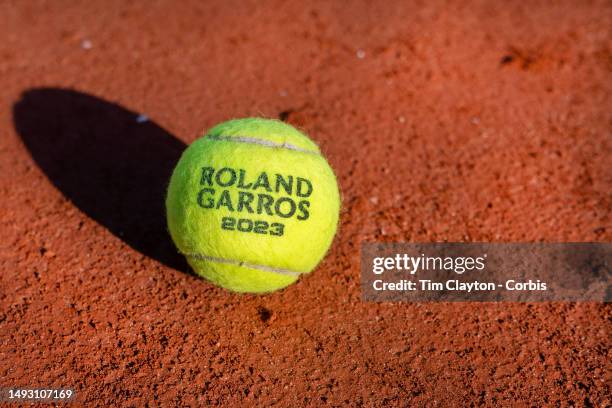 An official Roland Garros 2023 tournament tennis match ball at the at the 2023 French Open Tennis Tournament at Roland Garros on May 25 in Paris,...