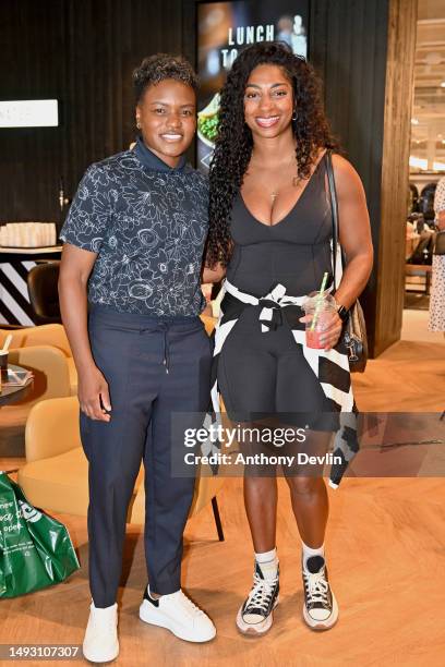 Nicola Adams and Kadeena Cox attend the unveiling of M&S Café's brand-new look in new M&S Leeds White Rose store on May 24, 2023 in Leeds, England.