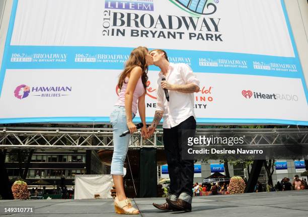 Juliette Trafton and singer Aaron Carter from the cast of the Fantasticks perform at 106.7 Lite FM's Broadway in Bryant Park on July 26, 2012 in New...