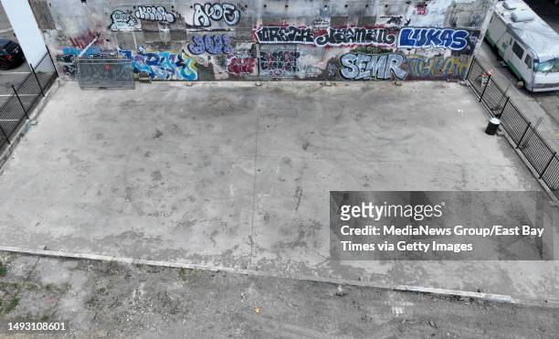 Drone view of the former Ghost Ship warehouse site on 31st Avenue near International Boulevard in Oakland, Calif., on Wednesday, May 24, 2023. A...