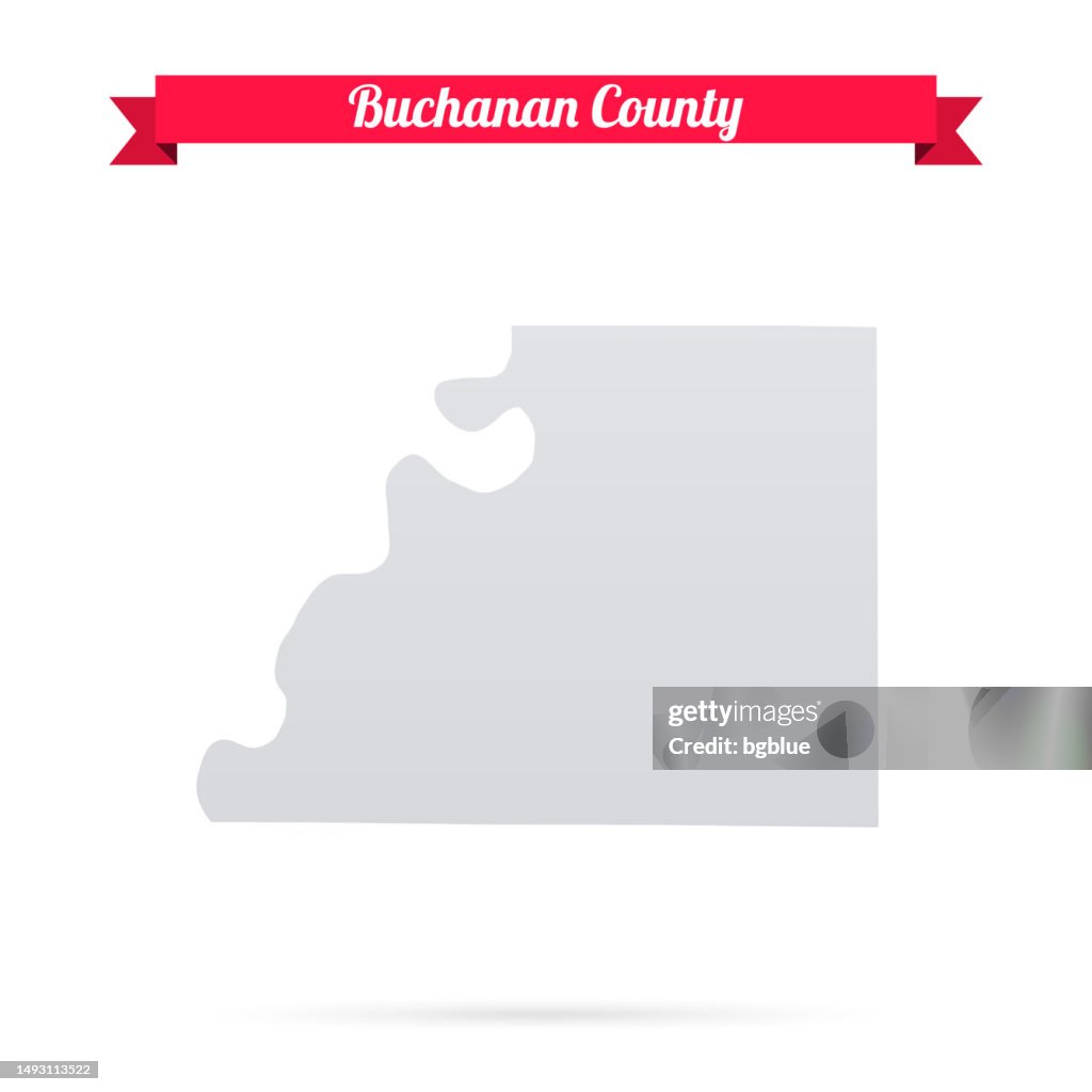 Buchanan County, Missouri. Map on white background with red banner