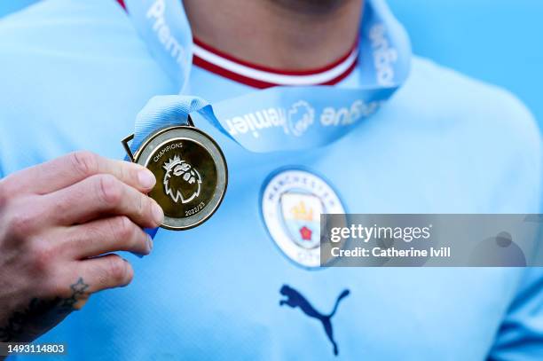 Detailed view of a Premier League winners medal after the Premier League match between Manchester City and Chelsea FC at Etihad Stadium on May 21,...