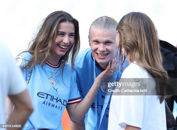 Erling Haaland of Manchester City with partner Isabel Haugseng Johansen after the Premier League match between Manchester City and Chelsea FC at...