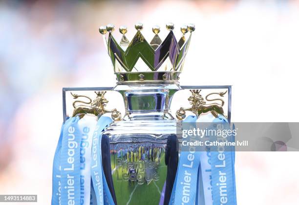 Detailed view of the Premier League Trophy during the Premier League match between Manchester City and Chelsea FC at Etihad Stadium on May 21, 2023...