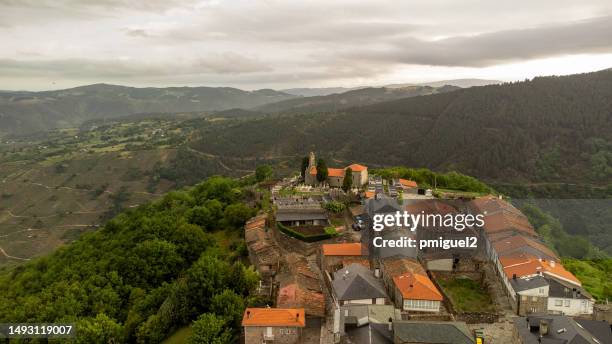 aerial view of castro caldelas at sunrise - galicia stock pictures, royalty-free photos & images
