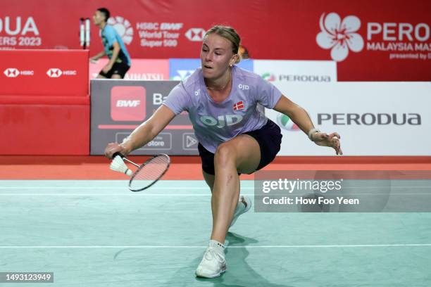 Mia Blichfeldt of Denmark in action against Akane Yamaguchi of Japan during the women singles on day three of the Perodua Malaysia Masters at Axiata...