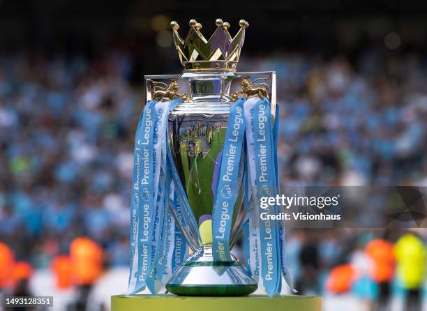 The Premier League trophy after the Premier League match between Manchester City and Chelsea FC at Etihad Stadium on May 21, 2023 in Manchester,...