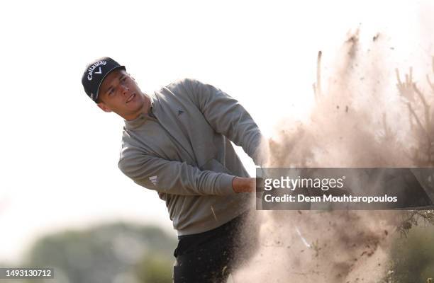 Matthew Jordan of England plays his second shot on the fourth hole during Day One of the KLM Open at Bernardus Golf on May 25, 2023 in Netherlands.