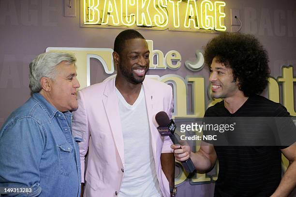Episode 4295 -- Pictured: Host Jay Leno, Miami Heat basketball player Dwyane Wade during an interview with Bryan Branly backstage on July 26, 2012 --
