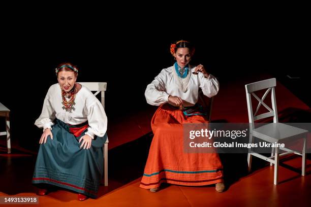 Actors in traditional Ukrainian dresses perform on the scene of Pershyi Teatr on May 21, 2023 in Lviv, Ukraine. The “Mothers of Azov” documentary...