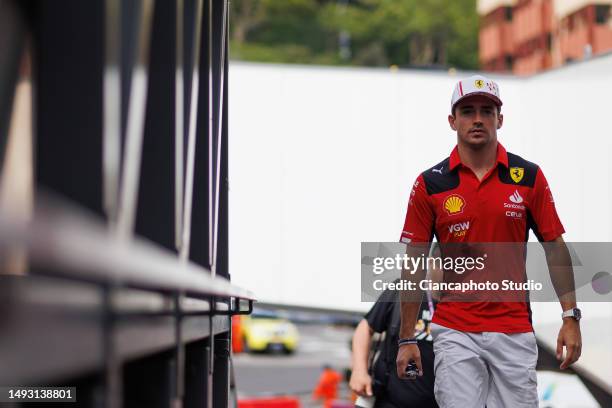 Charles Leclerc of Monaco and Scuderia Ferrari looks on during previews ahead of the F1 Grand Prix of Monaco at Circuit de Monaco on May 25, 2023 in...