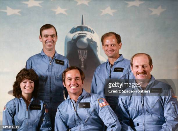 The crew of NASA's STS-7 space mission, USA, 4th March 1983. From left to right, they are John M. Fabian and Norman E. Thagard; Sally Ride , Robert...