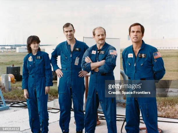 The crew of NASA's STS-7 space mission at the Kennedy Space Center in Florida, to participate in the space shuttle interface test, 23rd December...