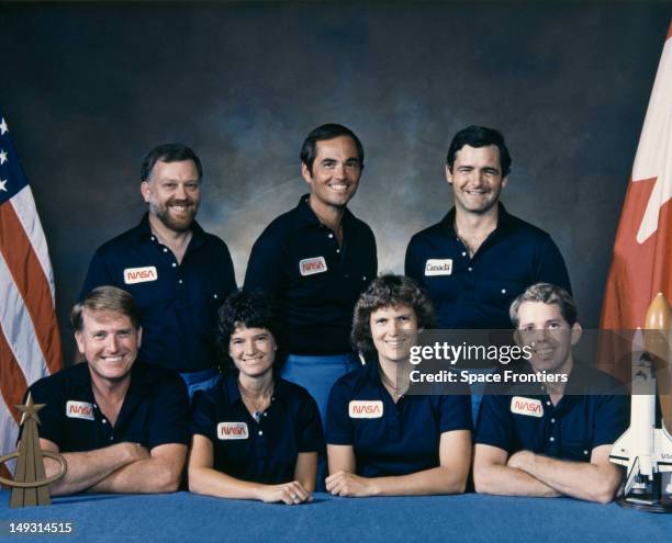The crew of the STS-41-G NASA mission, USA, 1984. The astronauts are Robert L. Crippen, Kathryn D. Sullivan, David C. Leestma, Sally Ride, Jon A....