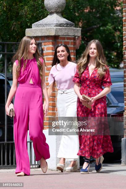 Crown Princess Leonor of Spain , Queen Letizia of Spain and Princess Sofia of Spain arrive for the confirmation of Princess Sofia of Spain at the...