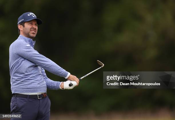 Jorge Campillo of Spain plays his second shot on the seventh hole during Day One of the KLM Open at Bernardus Golf on May 25, 2023 in Netherlands.