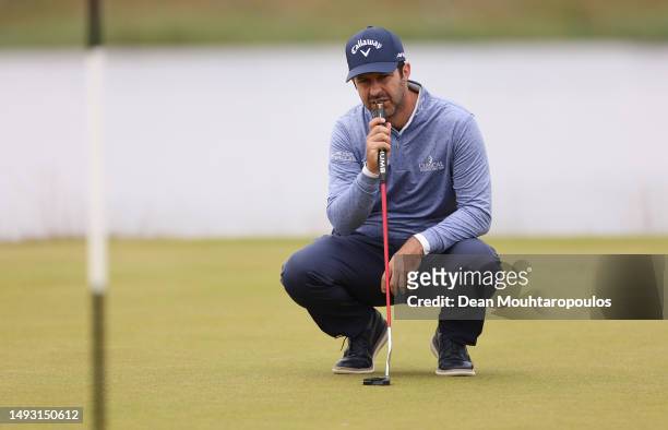 Jorge Campillo of Spain lines up a putt on the seventh hole during Day One of the KLM Open at Bernardus Golf on May 25, 2023 in Netherlands.