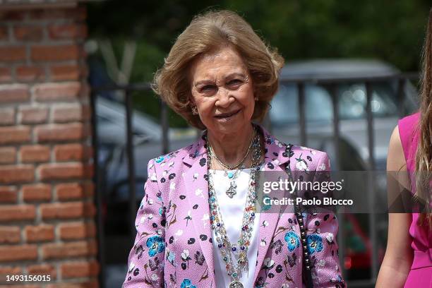 Queen Sofia arrive for the confirmation of Princess Sofia at'Asuncion de Nuestra Señora' church in the municipality of Aravaca on May 25, 2023 in...