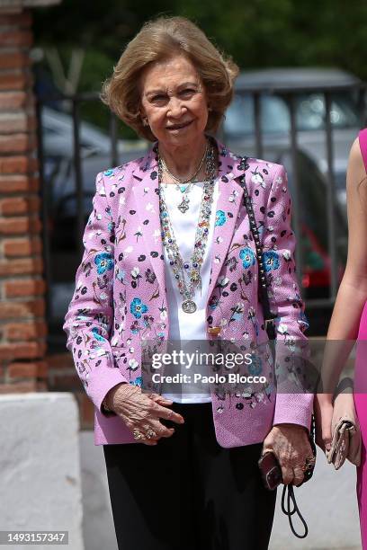 Queen Sofia arrive for the confirmation of Princess Sofia at'Asuncion de Nuestra Señora' church in the municipality of Aravaca on May 25, 2023 in...