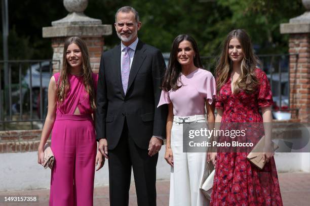 Princess Sofia of Spain, King Felipe VI of Spain, Queen Letizia of Spain and Crown Princess Leonor of Spain arrive for the confirmation of Princess...