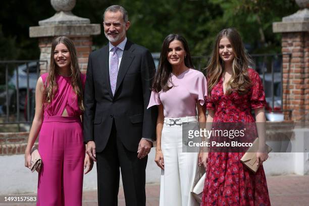 Princess Sofia of Spain, King Felipe VI of Spain, Queen Letizia of Spain and Crown Princess Leonor of Spain arrive for the confirmation of Princess...