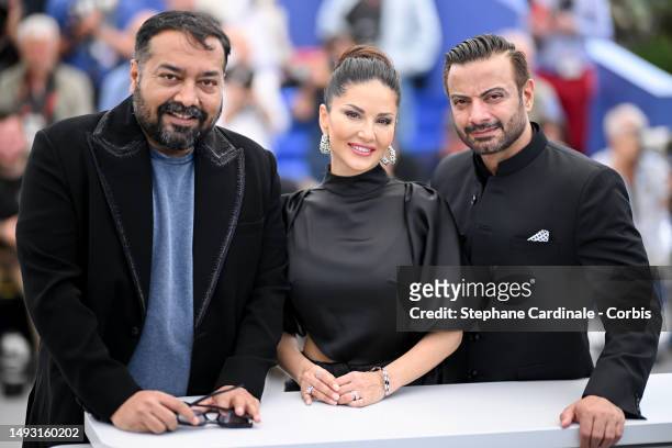 Director Anurag Kashyap, Sunny Leone and Rahul Bhat attend the "Kennedy" photocall at the 76th annual Cannes film festival at Palais des Festivals on...