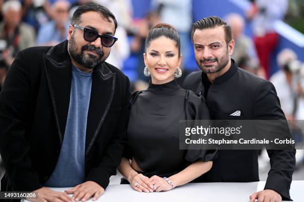 Director Anurag Kashyap, Sunny Leone and Rahul Bhat attend the "Kennedy" photocall at the 76th annual Cannes film festival at Palais des Festivals on...
