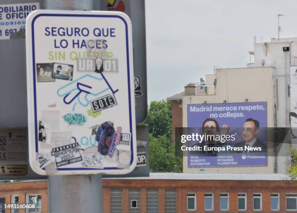 Canvas with the image of the president of Real Madrid, Florentino Perez, giving a slap to the mayor of Madrid and PP candidate for reelection, Jose...